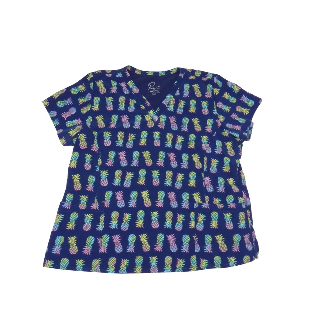 Maevn Prints Womens 2XL Navy Blue Pineapple Print V-Neck Scrub‎ Top 3386